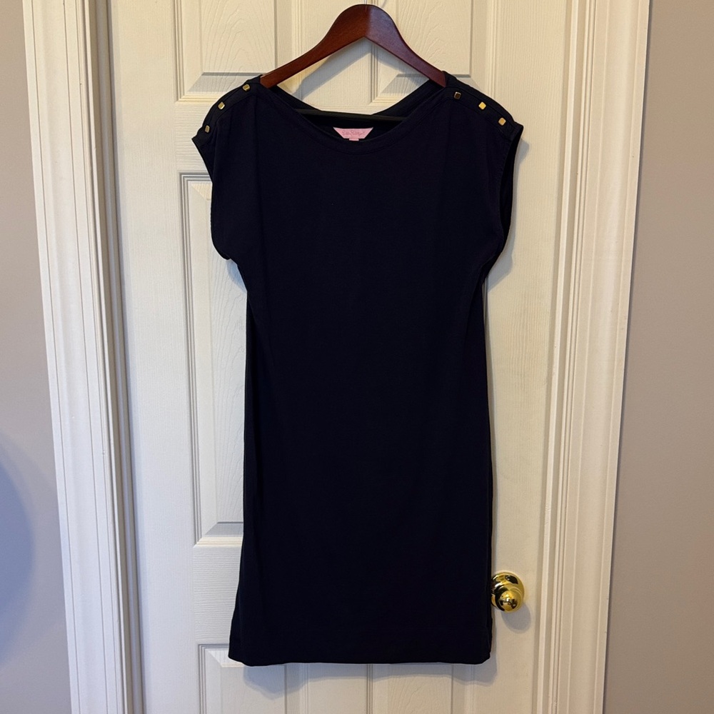 Lilly Pulitzer Navy Blue Cotton Shift Dress with Gold Stud Accents
